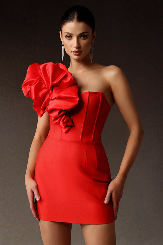 Neon Bloom  Tek Omuz Çiçekli Bandaj Mini Elbise