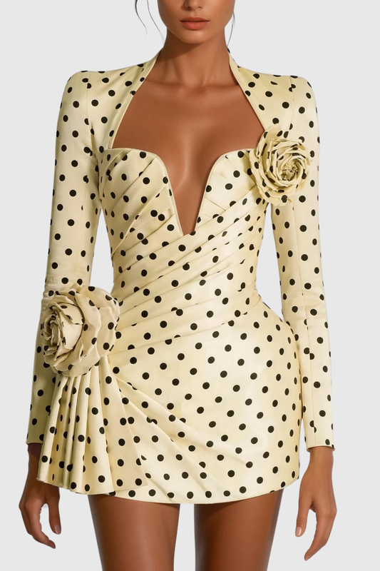 Sariah Ember Puantiyeli Çiçek Aplikli Mini Elbise