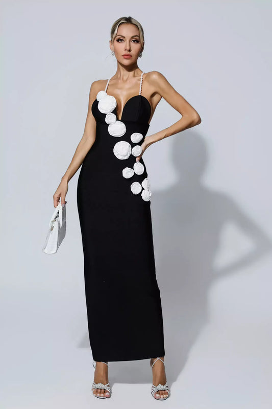 Onyx Tide Gül Aplikli Midi Elbise