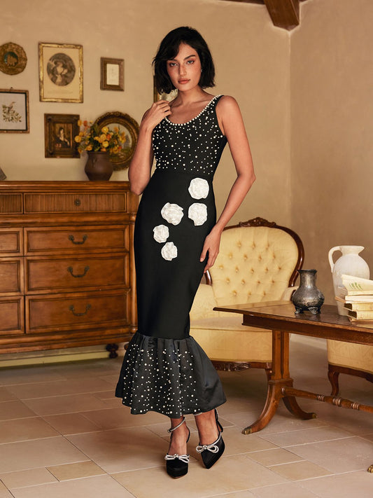 Rubby Dalma Yaka İnci Çiçekli Midi Elbise